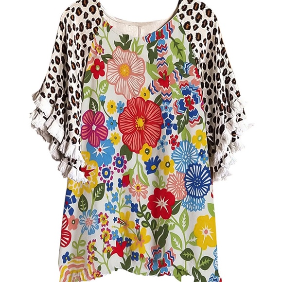 New Lace Ruffle Sleeves Crew Neck Print Colorblock Women's Loose T-Shirt - Picture 4 of 5